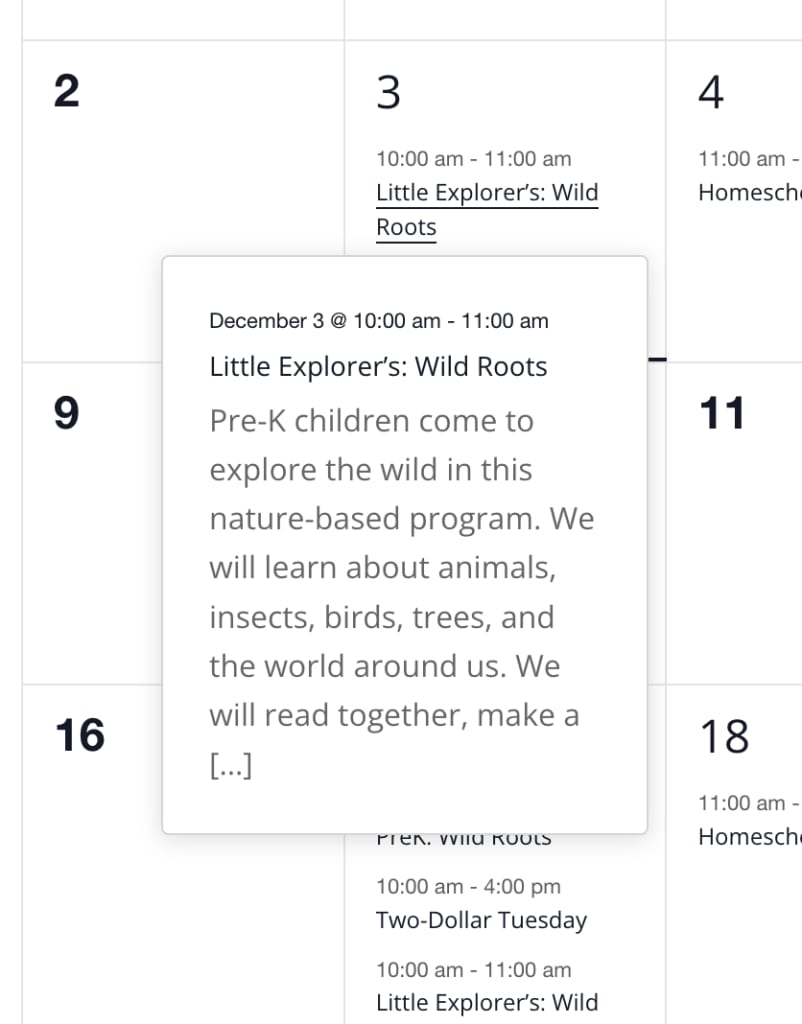 A screenshot of details on an events calendar.